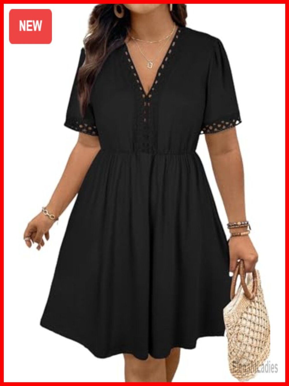 Plus Size Lace V Neck Hollow Out A Line Mini Dress Short Sleeve